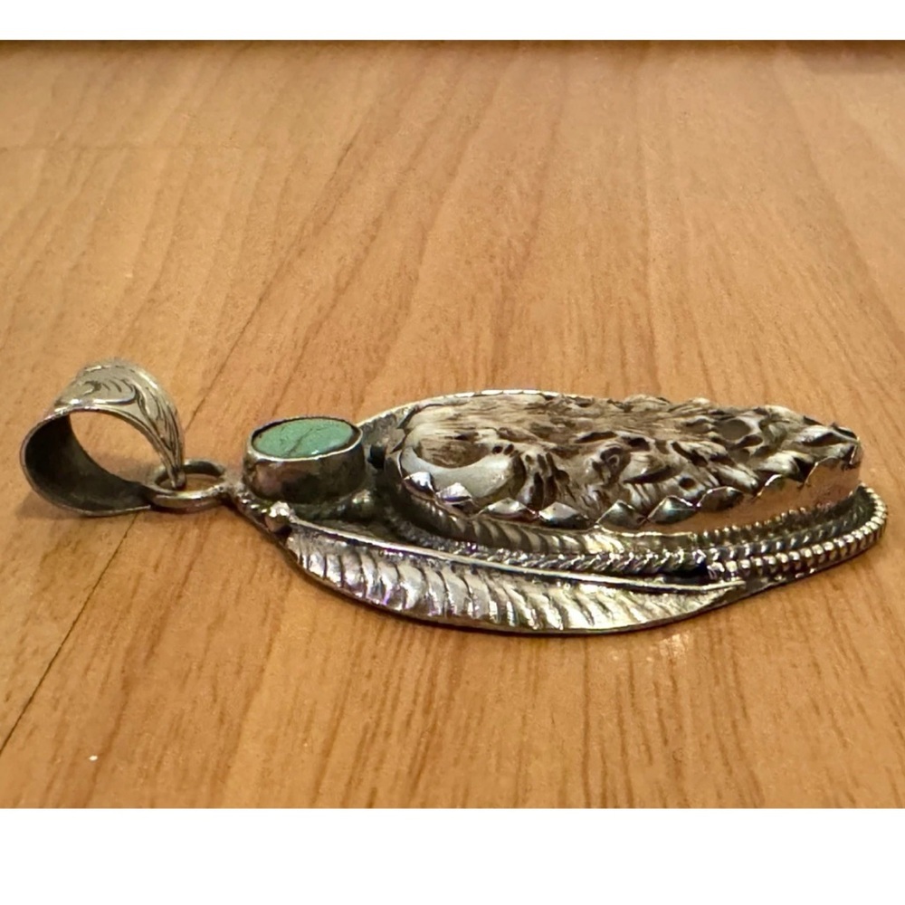 Hand Carved Bone Pendant,Bison Face Art,Green Turquoise & Silver,3”inch,26grams - Picture 7 of 9